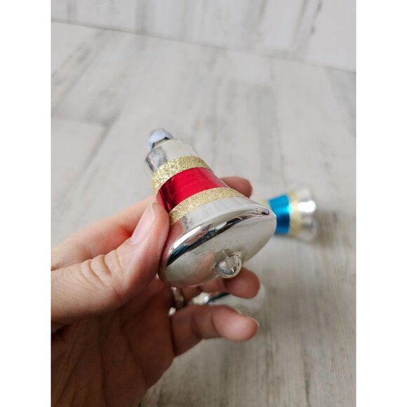 Vintage glitter mercury glass bell ornament gold striped green red blue set Xmas - Picture 4 of 15